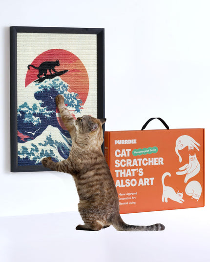 PURRDEE 14x20 Wall Mounted Cat Scratcher, Decorative Cat Scratching Board with Sisal Surface & Wooden Frame, Removable Hook-and-Loop Mounting Strip, Unique & Functional Cat Gift (Great Wave)