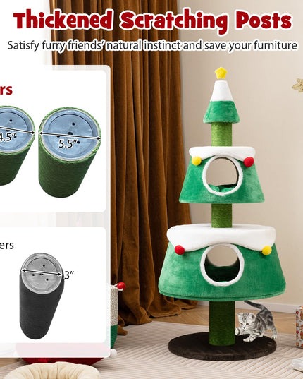 PETSITE 60 inch Christmas Cat Tree, Cute Cat Tower with 2 Condos, Sisal Scratching Posts, Spring Toy, Removable Beds, Modern Holiday Cat Tree Tower for Indoor Cats