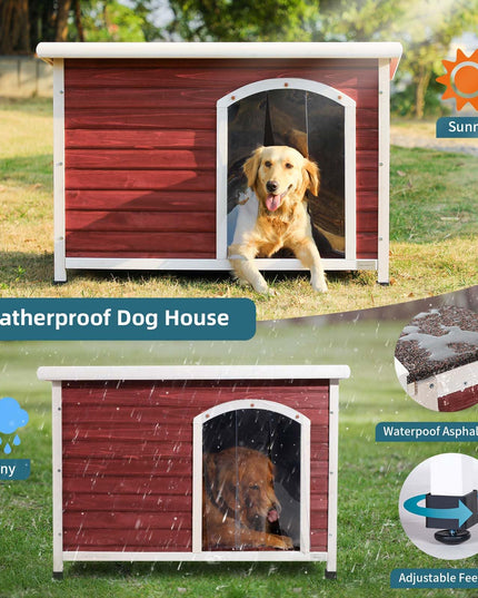 Petsfit Extra Large Dog House, Outdoor Wooden Dog House for Large Dogs, Red, 45.6"L X 31"W X 32"H