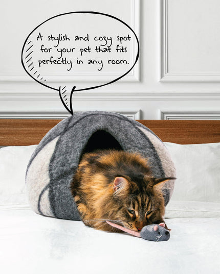 Large Wool Cat Cave Premium Felt Bed for Cats & Kittens Pet House Natural 100% Merino Wool Handmade Indoor Hideaway Eco-Friendly Cove 19 Inch Diameter Round Handcrafted Dome (Large Gray White)