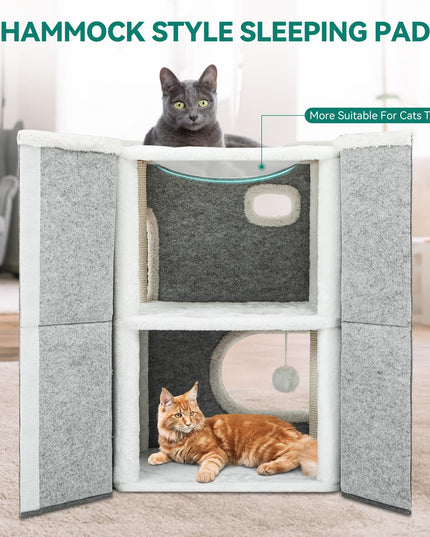 YIATHOME 2 Storey Cat House, Cat Beds for Indoor Cats, Small Cat Condo with Scratch Post and Hideaway Cave, Modern Cat Cube Playhouse for Multi Kittens, Classic Style, Grey