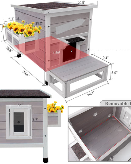 HiCaptain Outdoor Cat House, Weatherproof Feral Cat House with Escape Door, Outside Wooden Single Story Pet House for Cats, Puppies and Small Pet - Grey