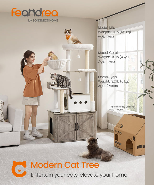 Feandrea Cat Tree, 66.9-Inch Cat Tower with Litter Box Enclosure, Large Cat Condo with Food Station, Storage, Scratching Posts, Cat Cave, Hammock, Washable Cushions, Heather Greige UPCT169K02