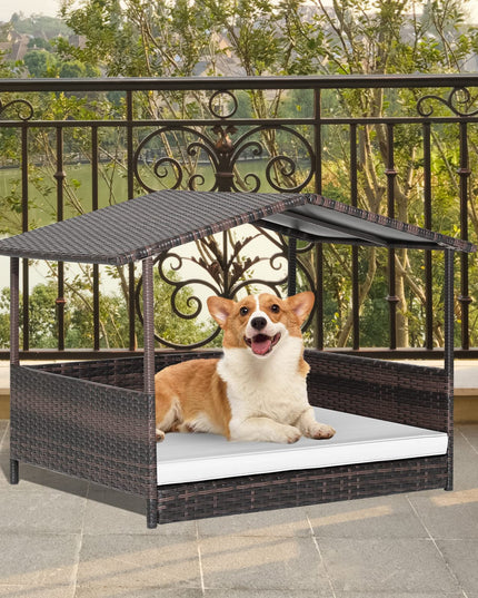 Giantex Wicker Dog House, Raised Rattan Dog Bed with Waterproof Roof, Washable Cushion Cover, Steel Frame, Indoor Outdoor Elevated Dog Bed Pet House for Small Medium Dogs Cats, Easy Assembly
