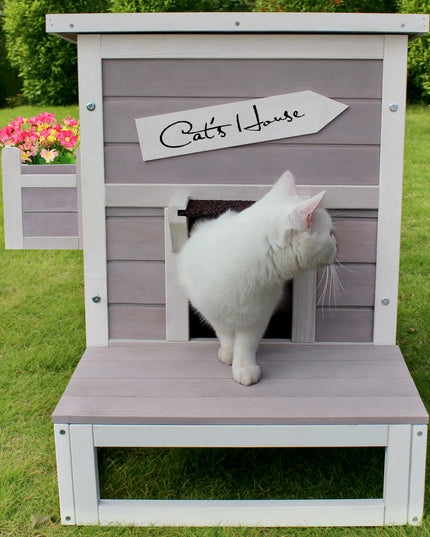 HiCaptain Outdoor Cat House, Weatherproof Feral Cat House with Escape Door, Outside Wooden Single Story Pet House for Cats, Puppies and Small Pet - Grey