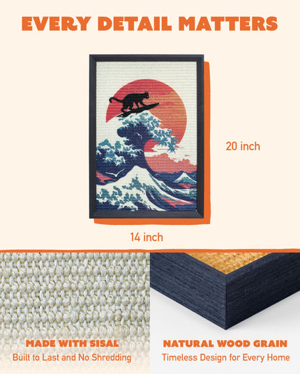 PURRDEE 14x20 Wall Mounted Cat Scratcher, Decorative Cat Scratching Board with Sisal Surface & Wooden Frame, Removable Hook-and-Loop Mounting Strip, Unique & Functional Cat Gift (Great Wave)