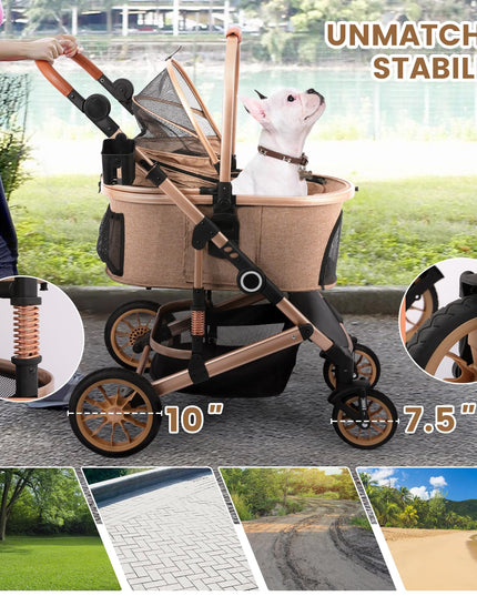 Pet Stroller with 4 Wheels, Foldable Pet Travel Carrier for Small/Medium Dogs Cats up to 50lbs, Detachble Portable Pet Bag, Storage Basket, Car Seat 3 in 1 Multifunctional (Tan)