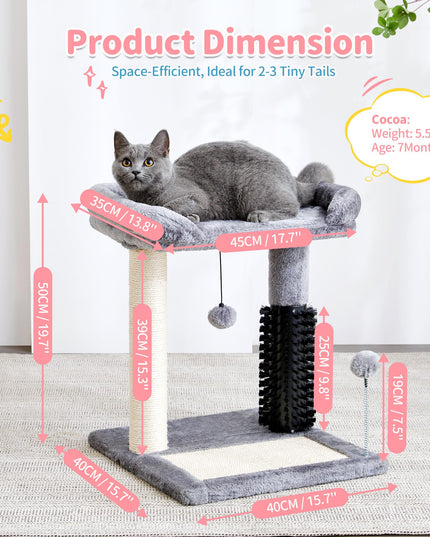 Made4Pets Small Cat Tree Tower, 4-in-1 Scratching Post With Self Groomer Brush, 20" Tall Natural Sisal Scratcher, Soft Plush Perch Bed With Dangling Ball for Indoor Kittens, Grey