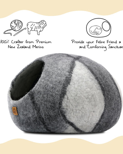 Large Wool Cat Cave Premium Felt Bed for Cats & Kittens Pet House Natural 100% Merino Wool Handmade Indoor Hideaway Eco-Friendly Cove 19 Inch Diameter Round Handcrafted Dome (Large Gray White)