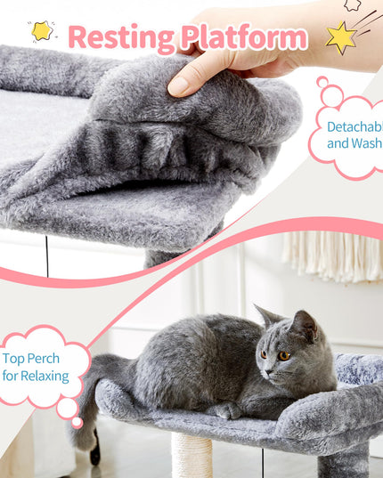 Made4Pets Small Cat Tree Tower, 4-in-1 Scratching Post With Self Groomer Brush, 20" Tall Natural Sisal Scratcher, Soft Plush Perch Bed With Dangling Ball for Indoor Kittens, Grey