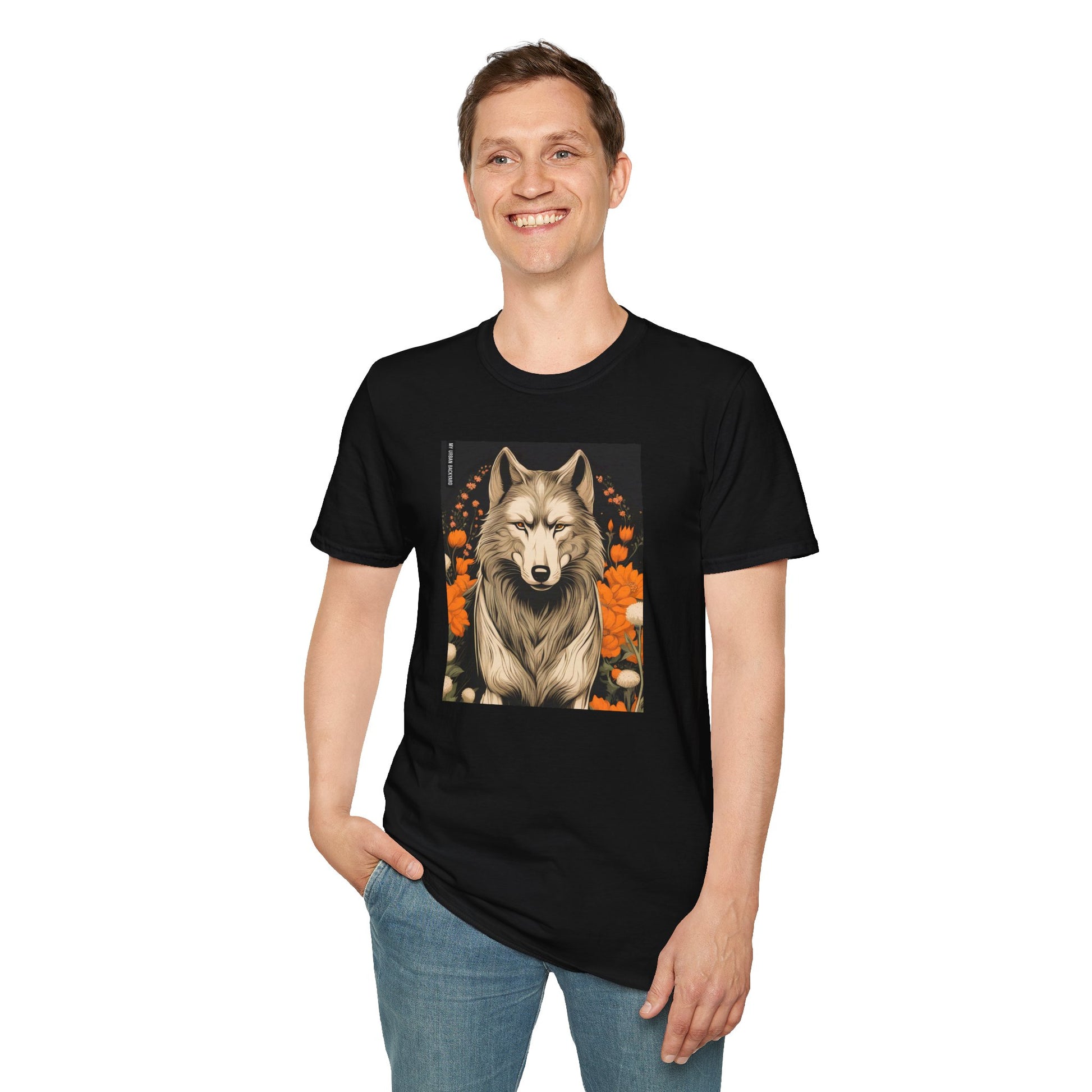 Wolf with Flowers, Soft 100% Cotton T-Shirt, Unisex, Short Sleeve, Classic Fit