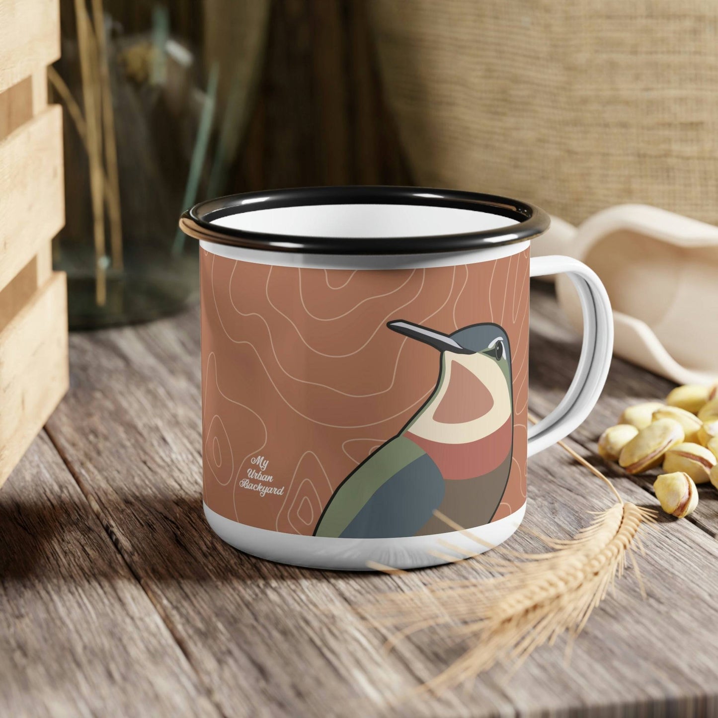 Enamel Camping Mug for Coffee, Tea, Hot Cocoa, Cereal, 12oz, Hummingbirds Ryoko & Duko on Terra Cotta