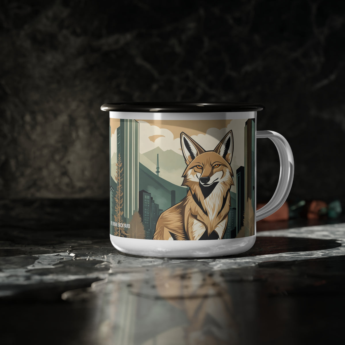 Woodland Neighbor Coyote Enamel Mug — 12 oz