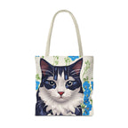 Cat and Blue Flowers Tote Bag with Cotton Handles For Everyday Use, 3 Sizes