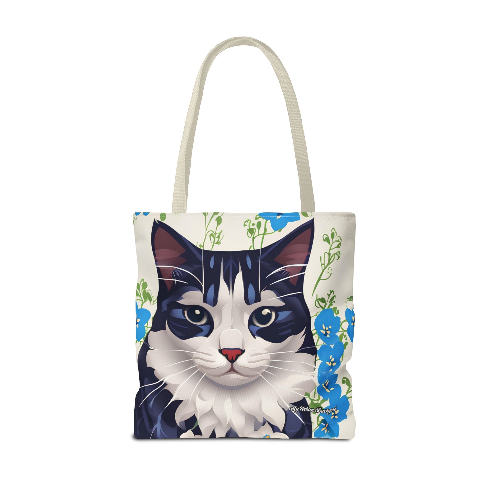 Cat and Blue Flowers Tote Bag with Cotton Handles For Everyday Use, 3 Sizes