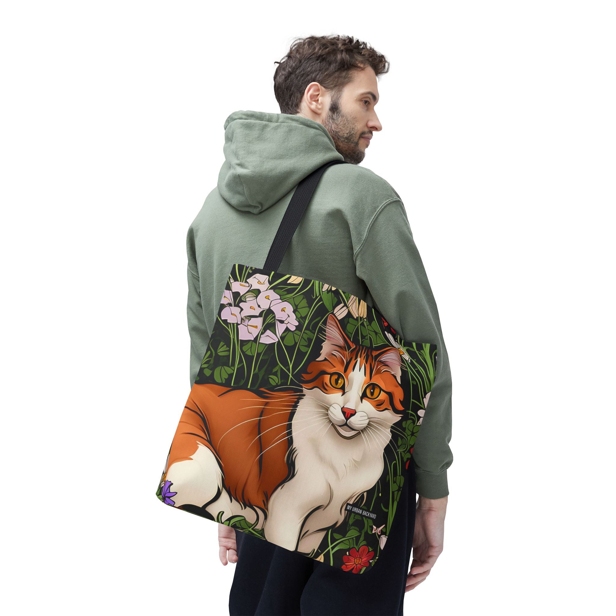 Orange Cat with Flowers, Tote Bag w Cotton Handles
