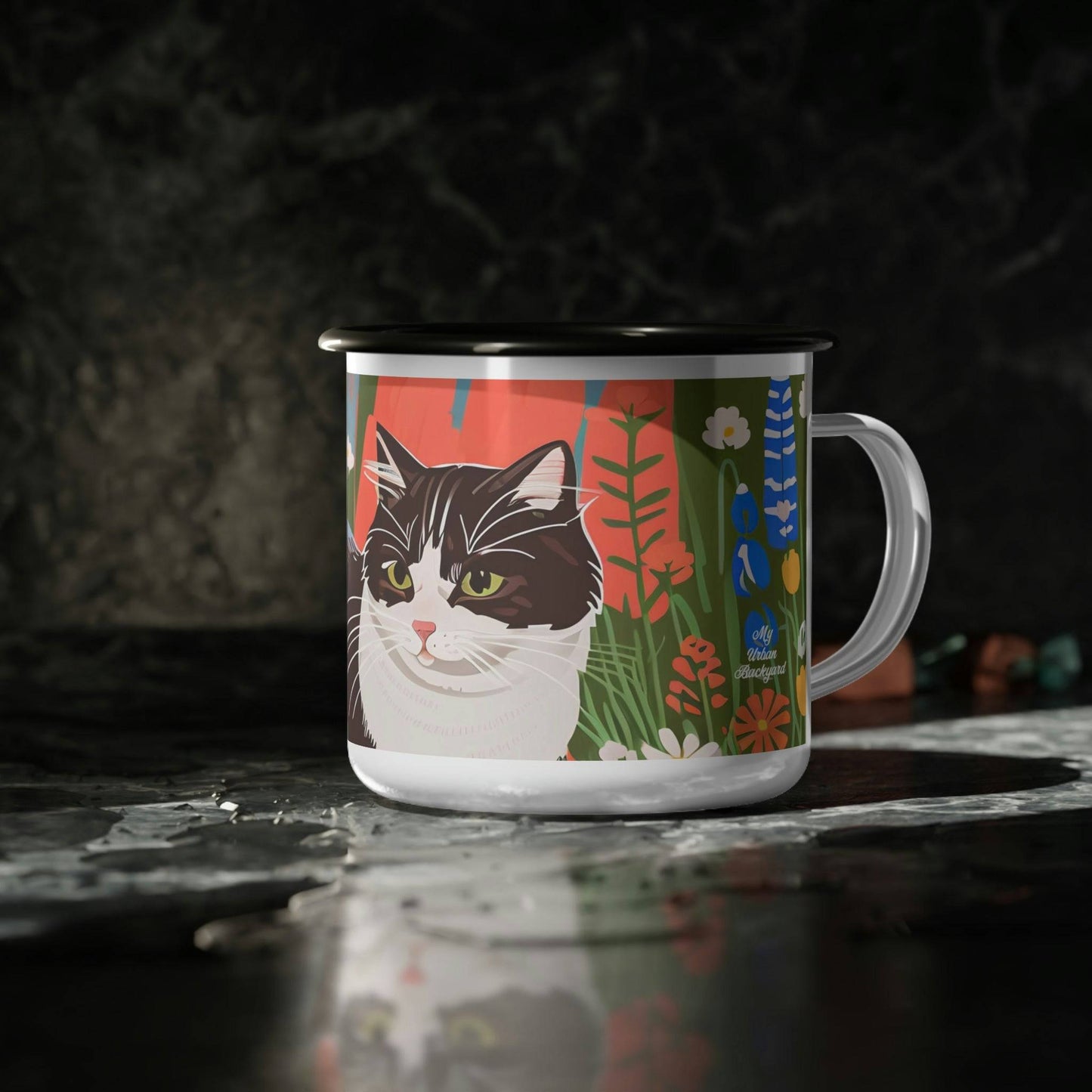 Enamel Camping Mug for Coffee, Tea, Hot Cocoa, Cereal, 12oz, Cat w Wildflowers