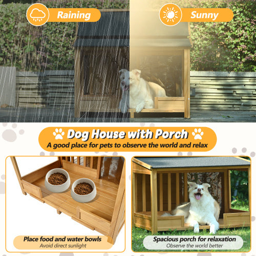 Large Wooden Dog House With Porch, Asphalt Roof and Raised Floor, For Medium and Large Dogs