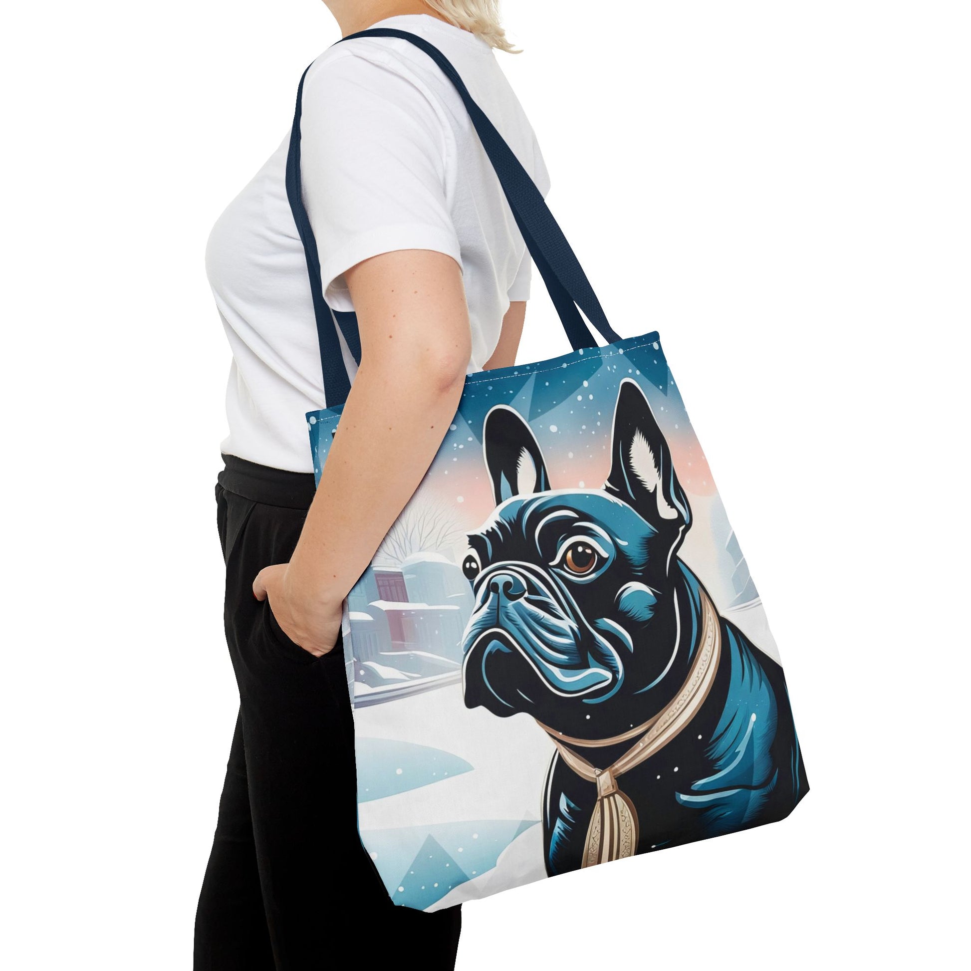 French Bulldog Winter Tote Bag — Snowy Pup All-Over Print Tote