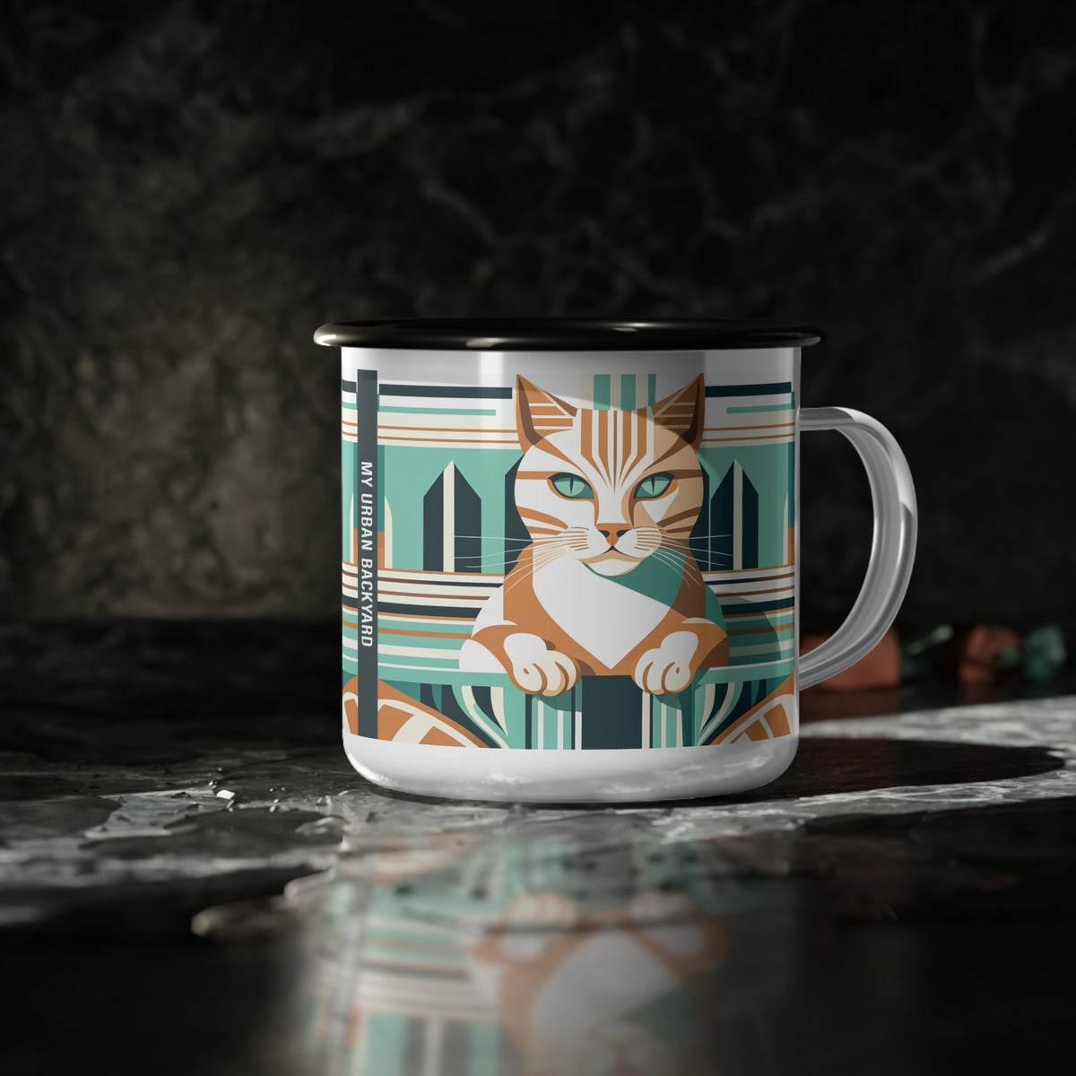 Terracotta & Teal Tabby Enamel Mug — 12 oz