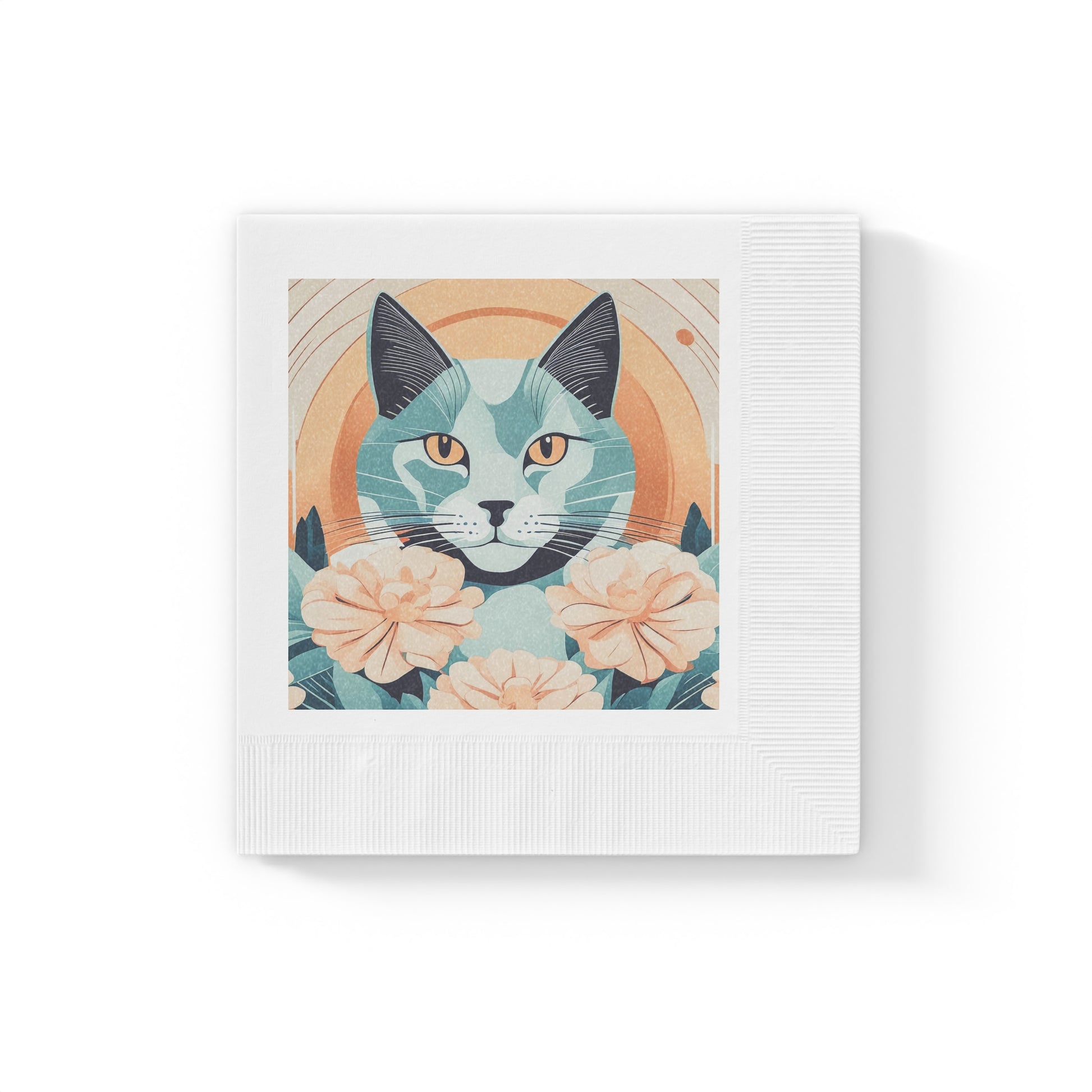 Leo Bluemane, Cat Floral Cocktail Napkins — Retro Blue Cat with Peach Roses, 2 sizes, Pack of 50 or 100