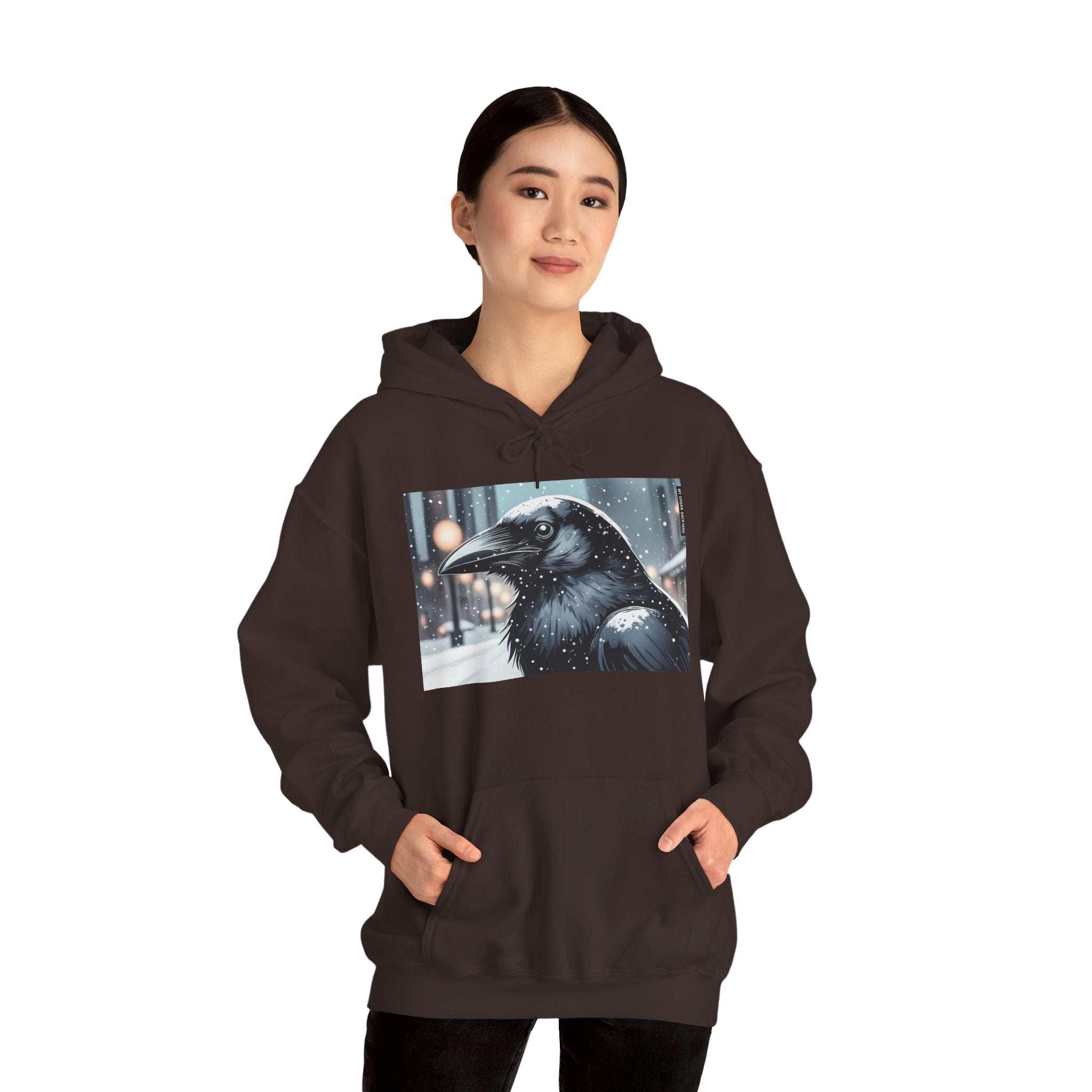 Urban Crow In Falling Snow Hoodie — Comfy Winter Graphic Hoodie