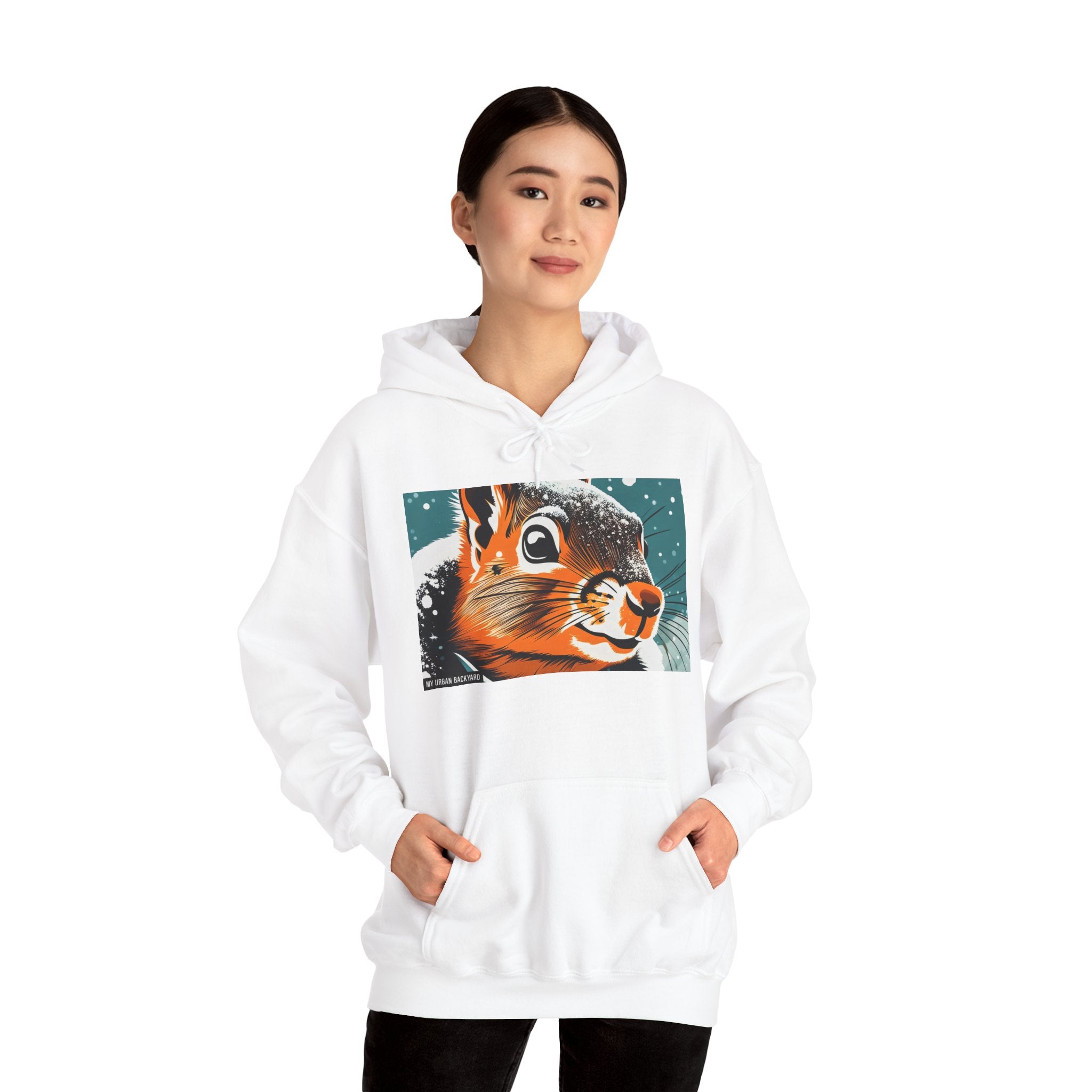 Winter Squirrel Sweatshirt - Unisex Heavy Blend Hooded, Cute Animal Apparel, Winter Fashion, Gift for Nature Lovers, Snowy Days, Cozy Wear
