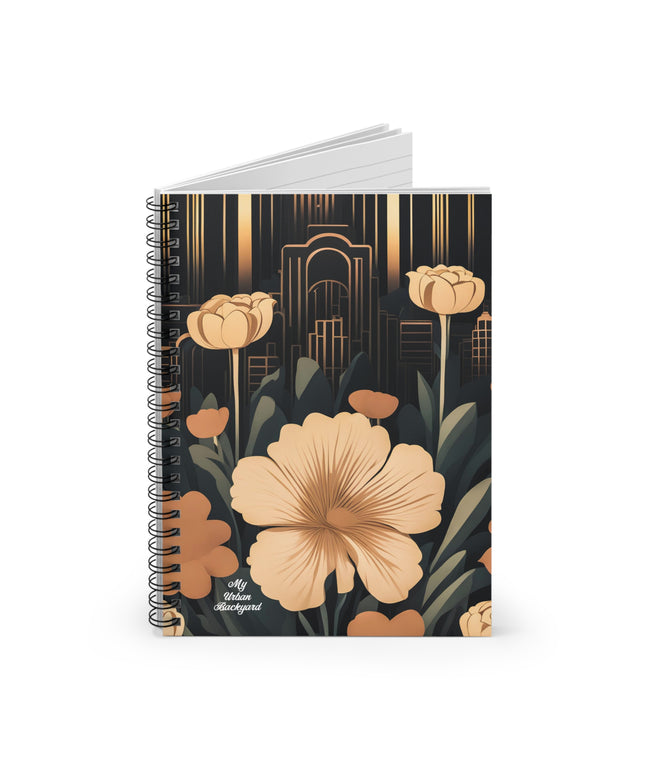 Flowers with Art Deco Building, Spiral Notebook Writing Journal - 118 Ruled Pages