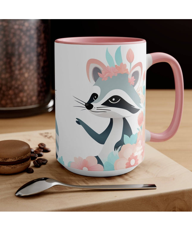 Ceramic Mug for Coffee, Tea, Hot Cocoa. Home/Office, Two Raccoons w Pastel Flowers
