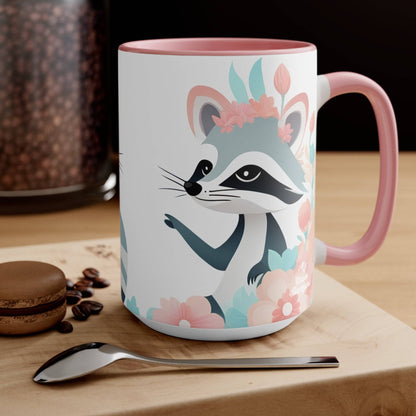 Ceramic Mug for Coffee, Tea, Hot Cocoa. Home/Office, Two Raccoons w Pastel Flowers