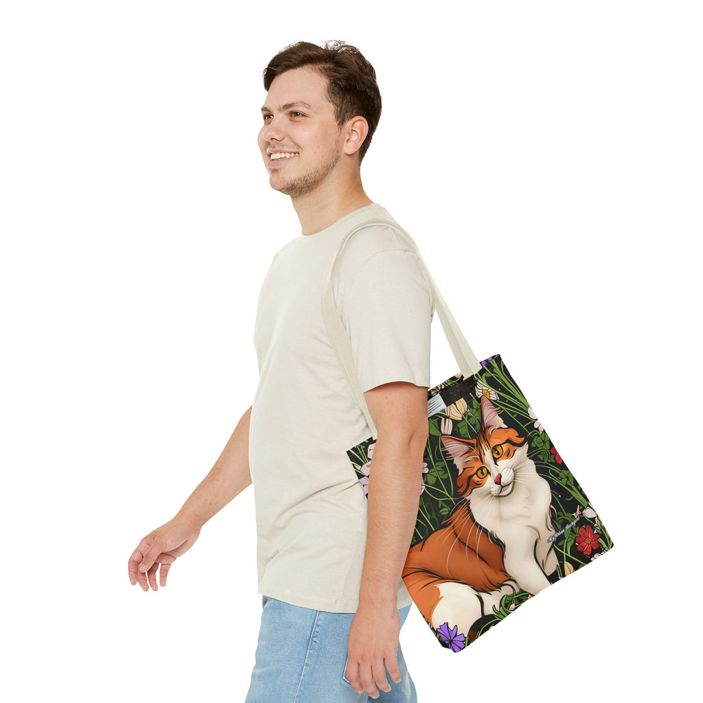 Orange Cat with Flowers Tote Bag with Cotton Handles For Everyday Use, 3 Sizes
