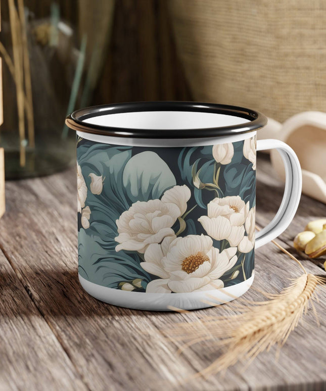 Enamel Camping Mug for Coffee, Tea, Hot Cocoa, Cereal, 12oz, Winter Flowers