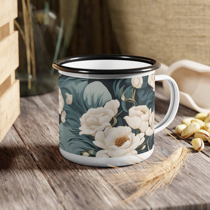 Enamel Camping Mug for Coffee, Tea, Hot Cocoa, Cereal, 12oz, Winter Flowers