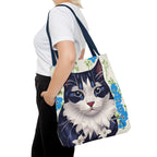 Cat and Blue Flowers Tote Bag with Cotton Handles For Everyday Use, 3 Sizes