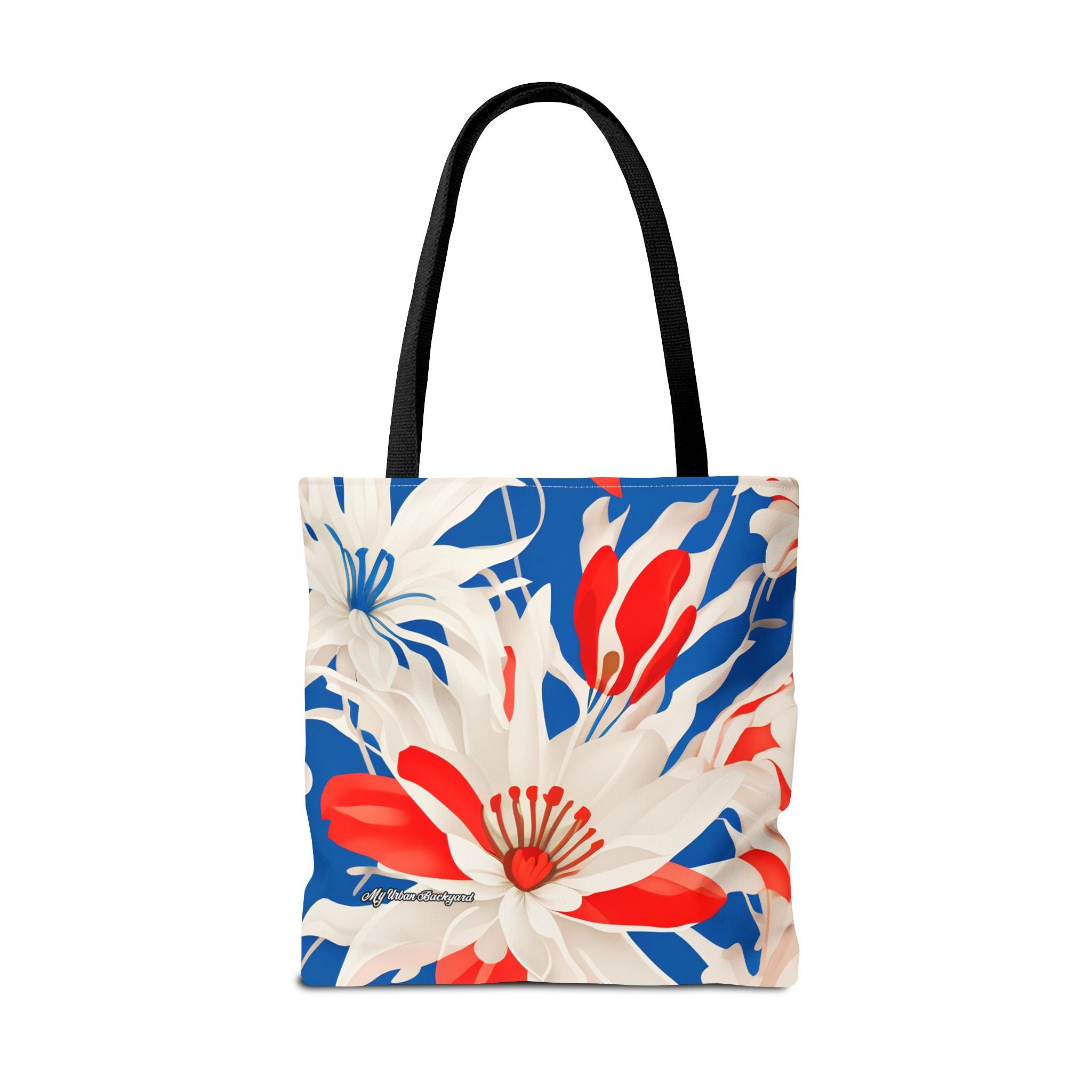 Red White & Blue Flowers Tote Bag with Cotton Handles For Everyday Use, 3 Sizes