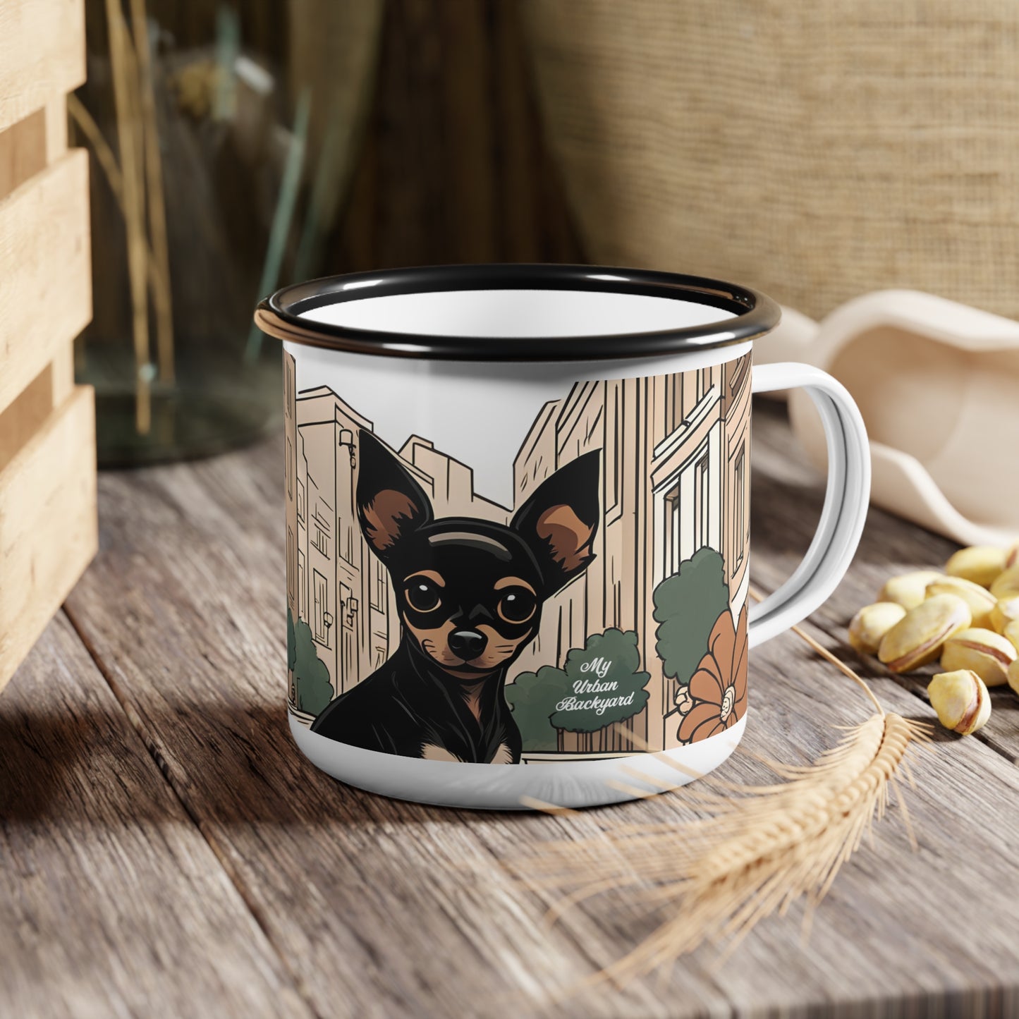 City Chihuahua, Enamel Camping Mug for Coffee, Tea, Cocoa, or Cereal - 12oz