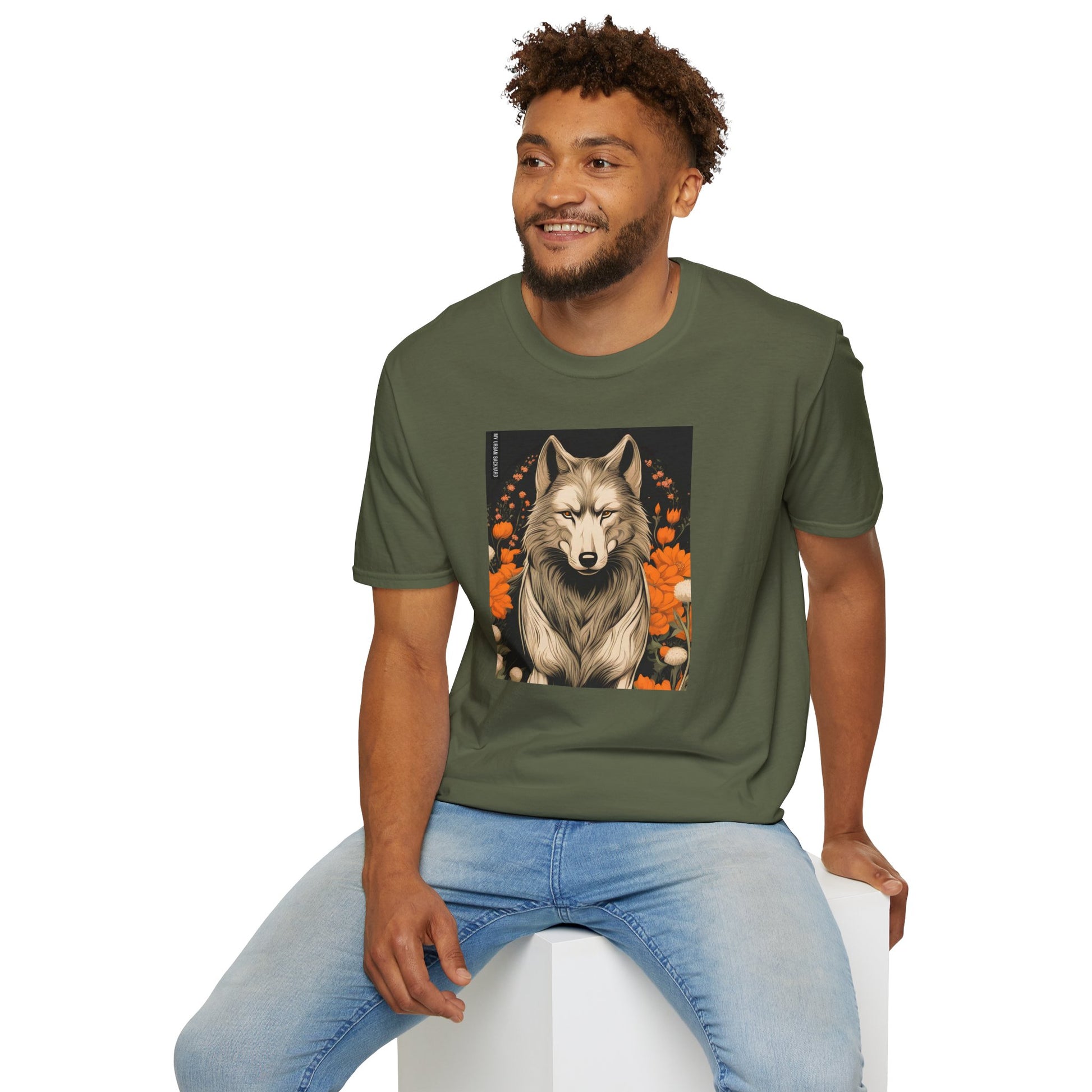Wolf with Flowers, Soft 100% Cotton T-Shirt, Unisex, Short Sleeve, Classic Fit