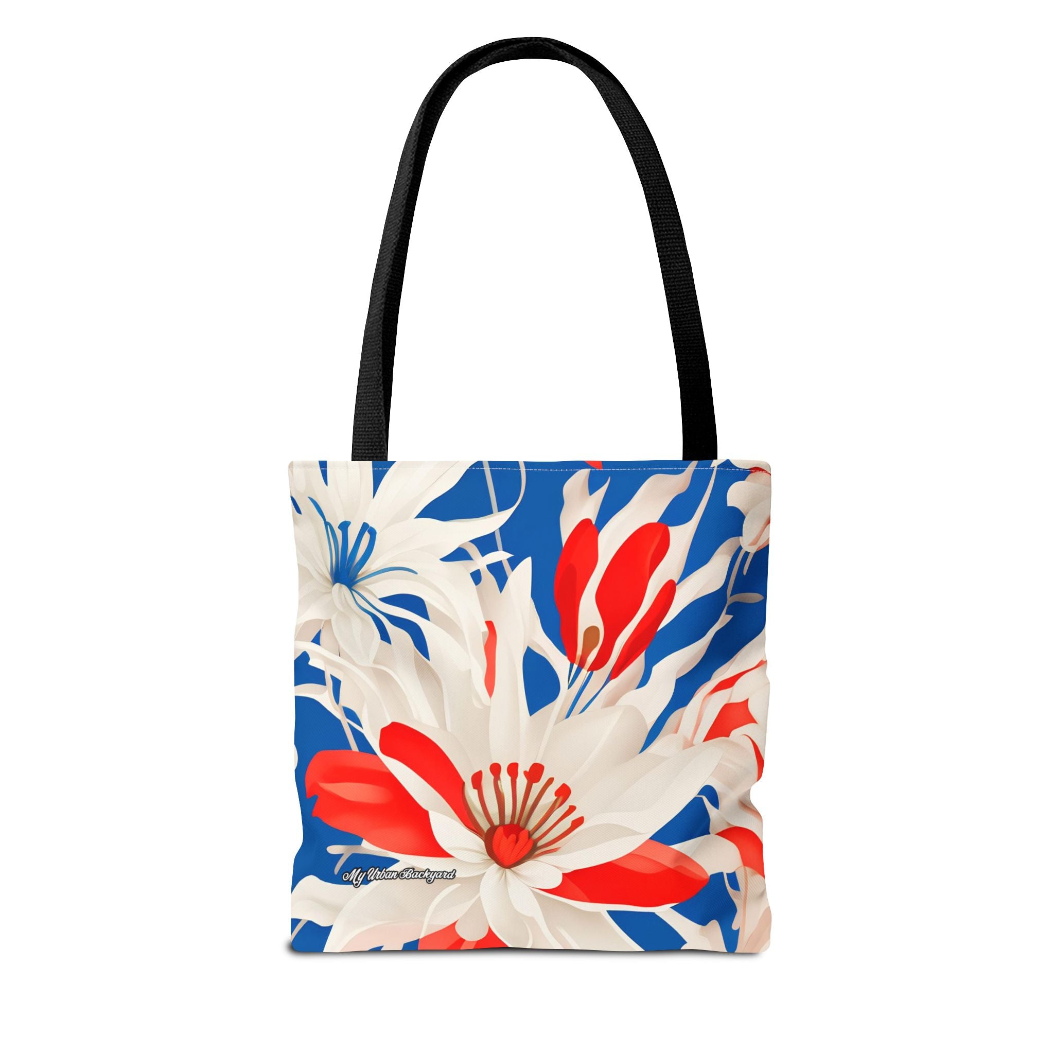 Red White & Blue Flowers Tote Bag with Cotton Handles For Everyday Use, 3 Sizes