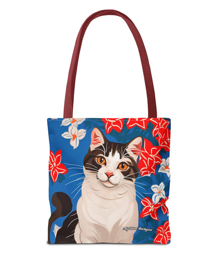Cat and Red White & Blue Flowers Tote Bag with Cotton Handles For Everyday Use, 3 Sizes