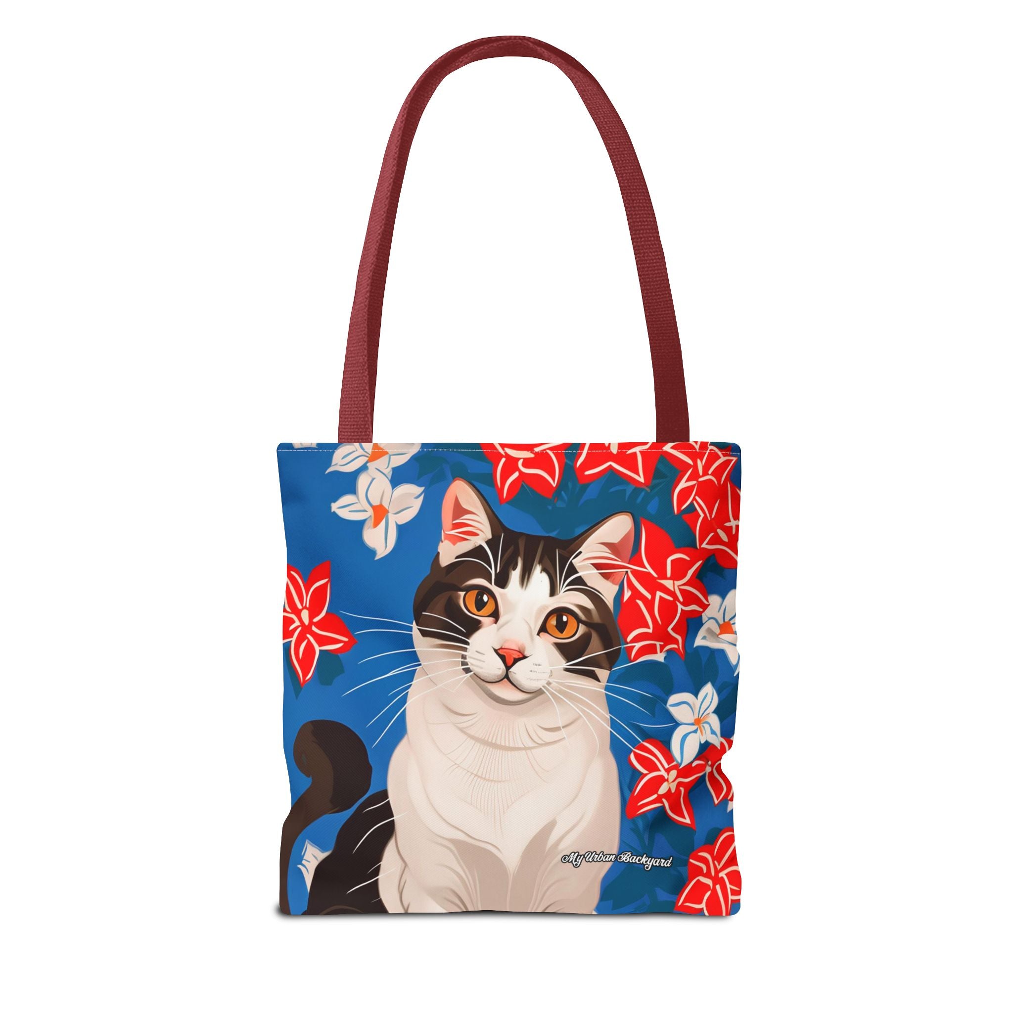 Cat with Red and White Flowers, Tote Bag with Cotton Handles For Everyday Use, 3 Sizes