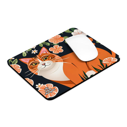 Computer Mouse Pad with Non-slip rubber bottom for Home or Office - Orange Cat with Orange Flowers