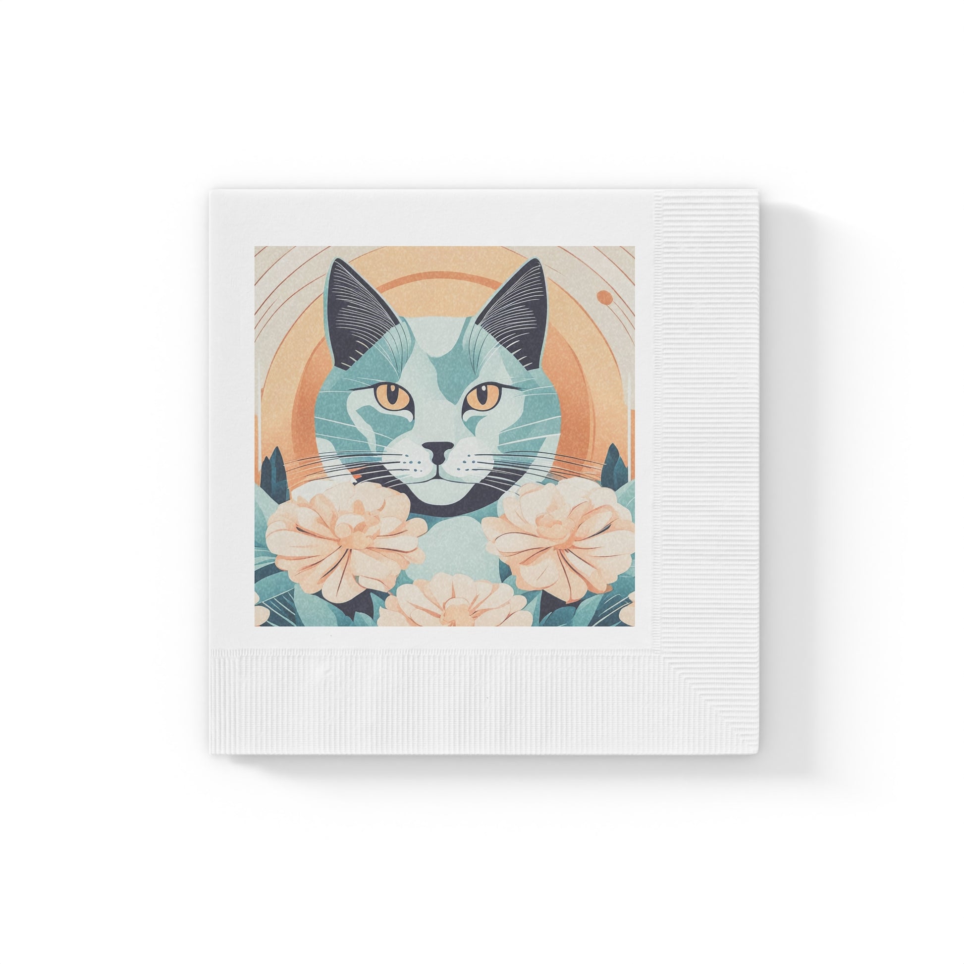 Leo Bluemane, Cat Floral Cocktail Napkins — Retro Blue Cat with Peach Roses, 2 sizes, Pack of 50 or 100