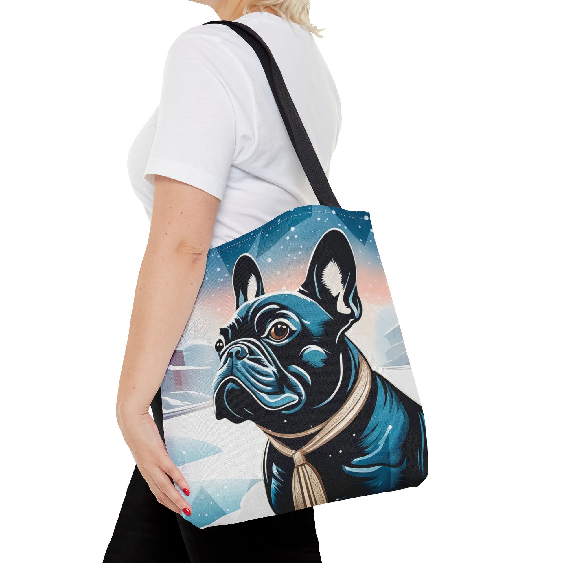 French Bulldog Winter Tote Bag — Snowy Pup All-Over Print Tote
