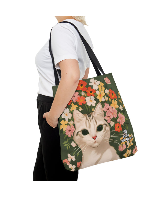 White Cat with Flowers, Tote Bag for Everyday Use - Durable and Functional