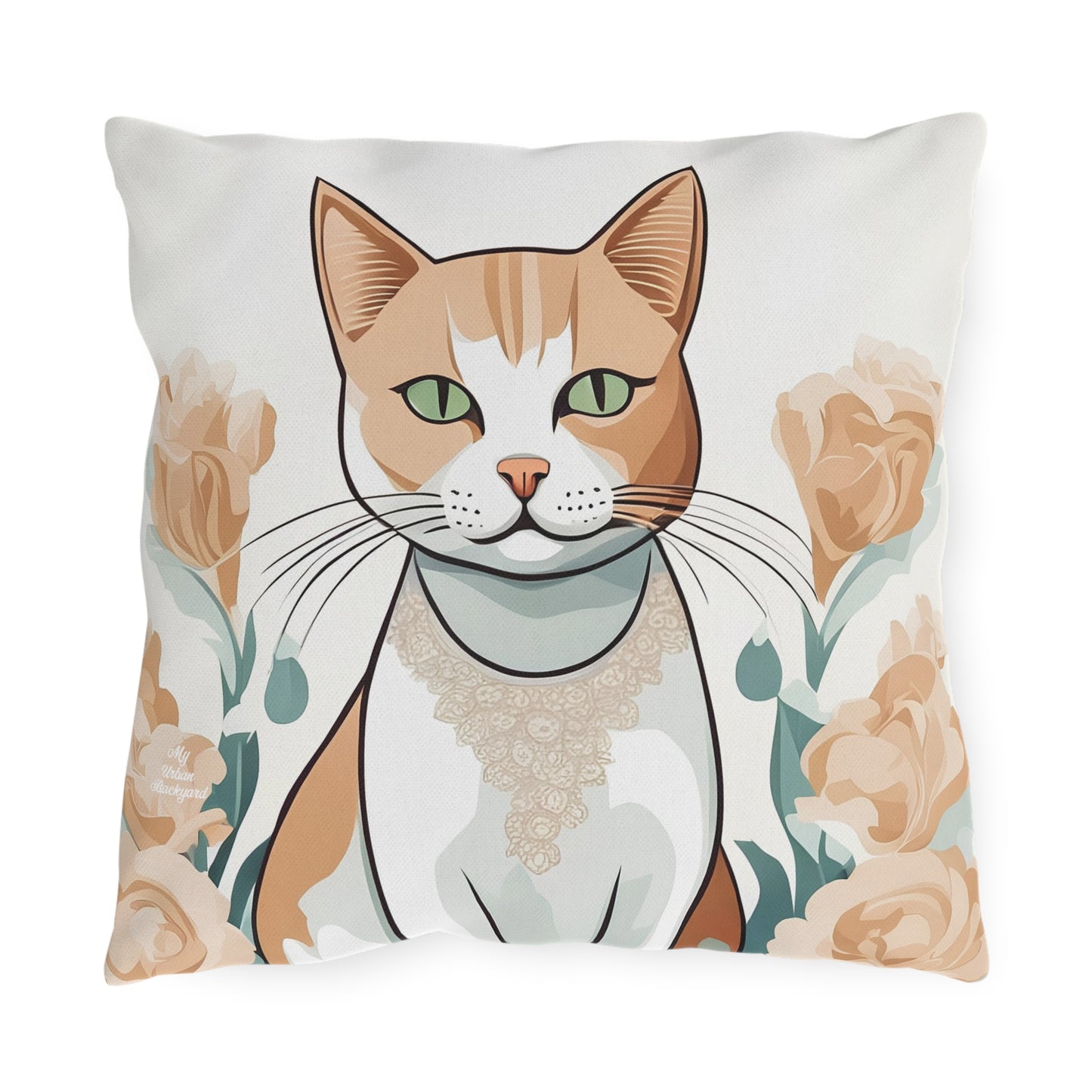 Green-Eyed Tabby Cat, Bay Leaf accent color, Throw Pillow, Indoor/Outdoor Decor for Home or Office