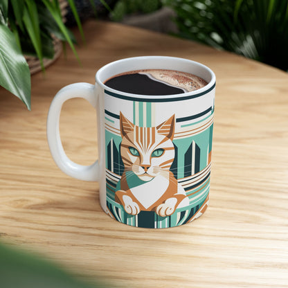 Art Deco Tabby Cat Ceramic Mug