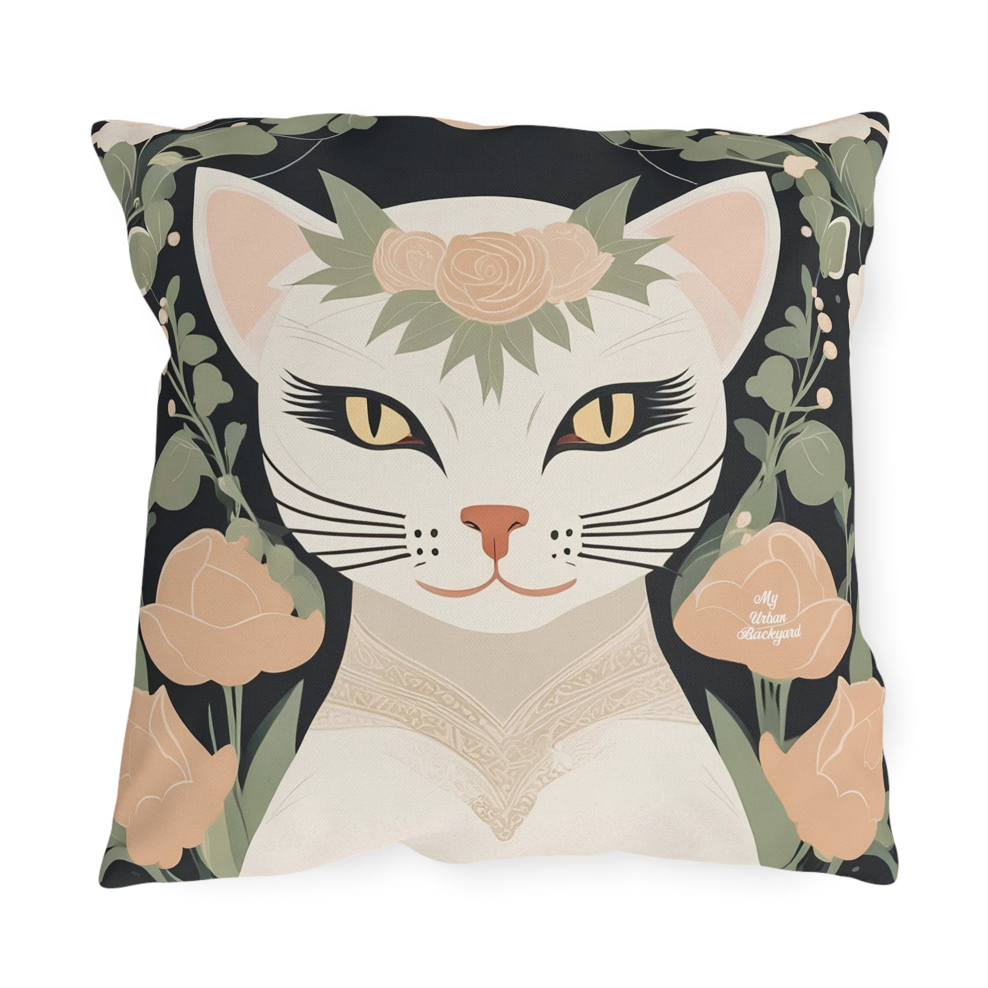Genevieve Meowcroft, Sage accent color, Cat Throw Pillow, Indoor/Outdoor Decor for Home or Office