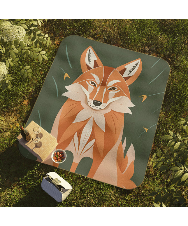 Art Deco Coyote, Cozy Outdoor Picnic Blanket, Water-Resistant Bottom, 51" × 61"