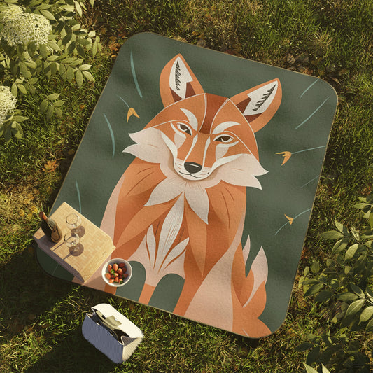 Art Deco Coyote, Cozy Outdoor Picnic Blanket, Water-Resistant Bottom, 51" × 61"