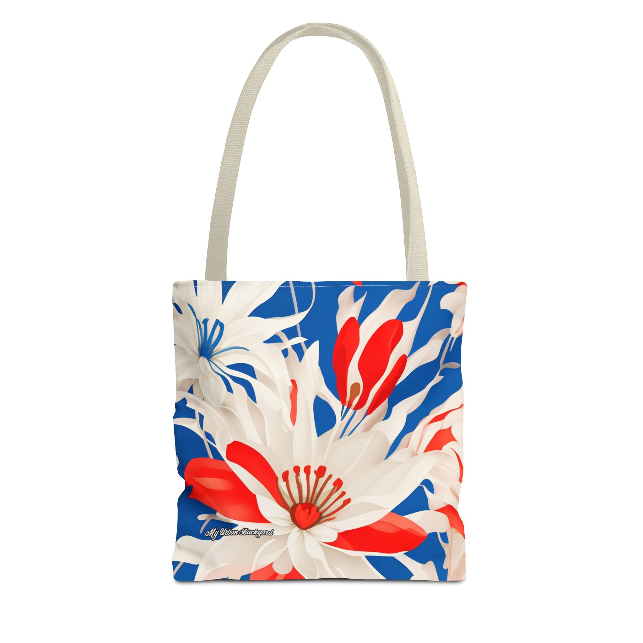 Red White & Blue Flowers Tote Bag with Cotton Handles For Everyday Use, 3 Sizes